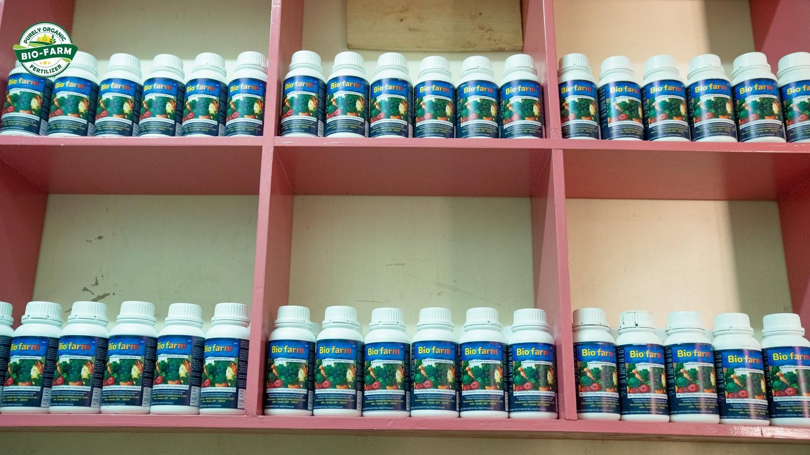 Bio-Farm bottles stocked on agent shop shelves