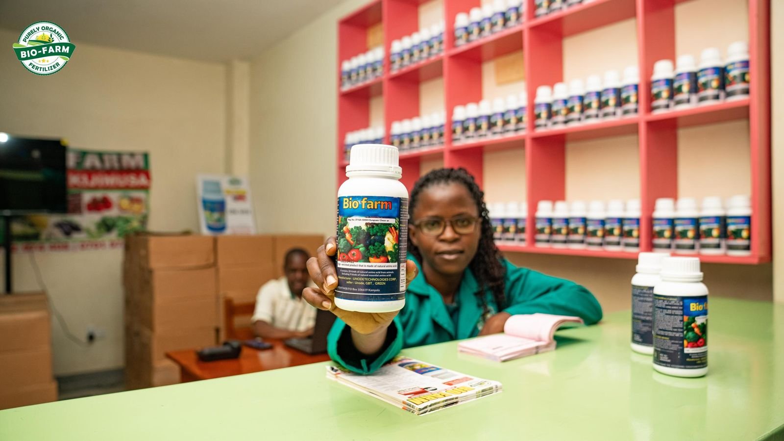 Bio-Farm distribution center, stocked shelves and product display