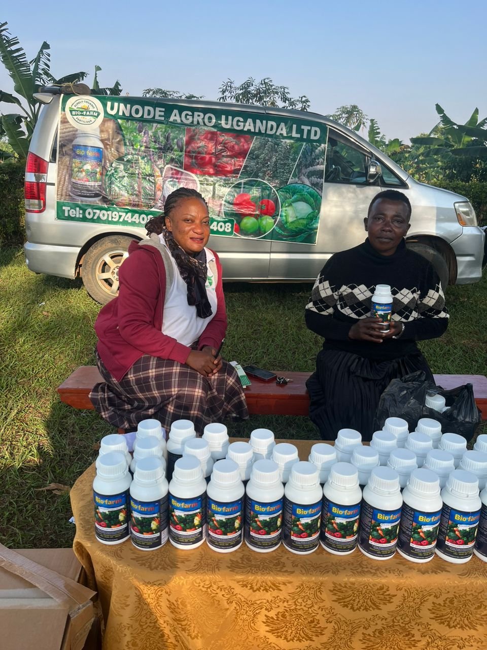 Branded distribution van with Bio-Farm products on display
