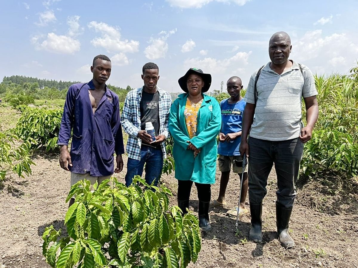 Farmers and Bio-Farm agronomists in a young coffee field